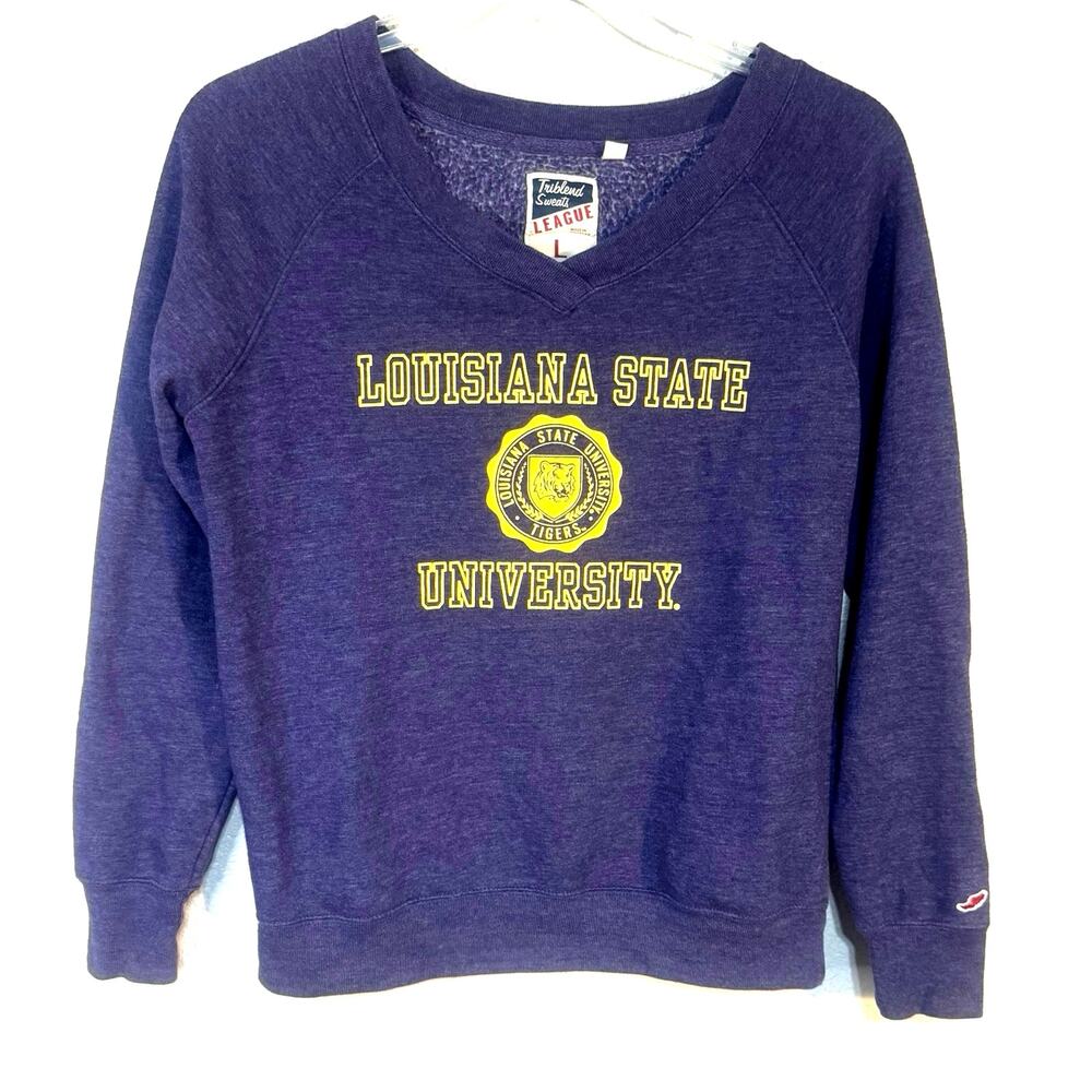 VTG LSU Louisiana State Sweatshirt Lg Triblend Shirt‎ LEAGUE Purple Vintage Top